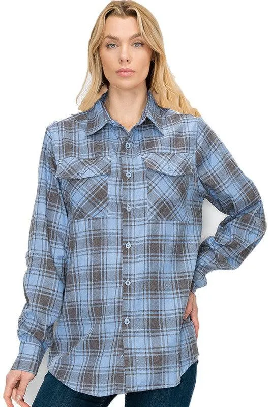 Boyfriend Fit Checker Plaid Flannel Long Sleeve Shirt