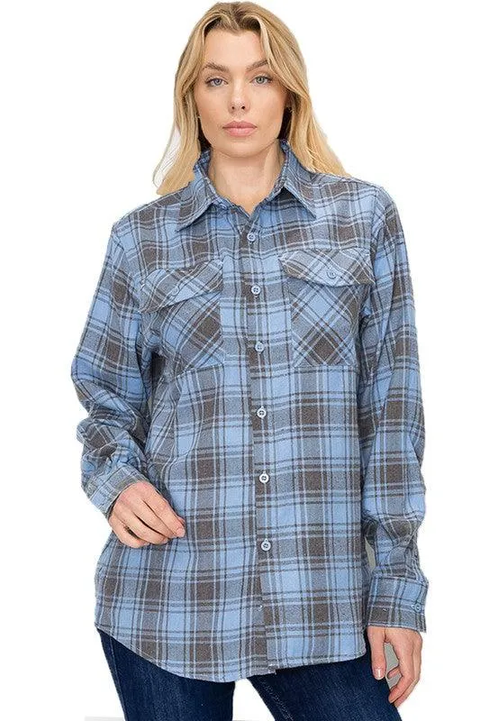 Boyfriend Fit Checker Plaid Flannel Long Sleeve Shirt