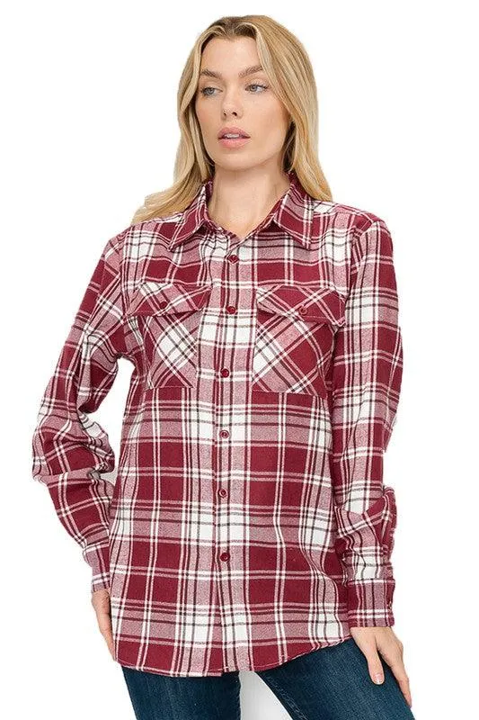 Boyfriend Fit Checker Plaid Flannel Long Sleeve Shirt