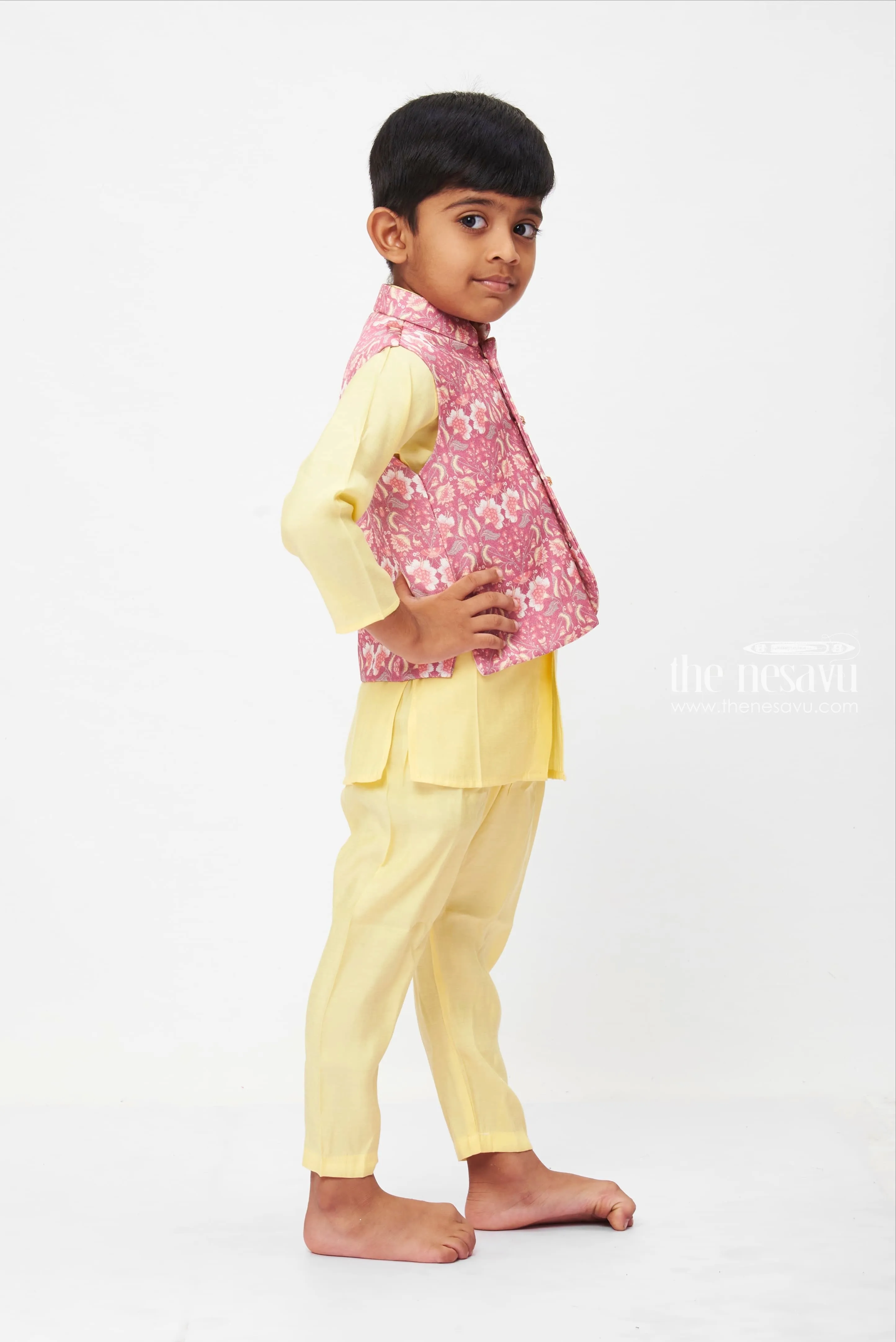 Boys Pastel Yellow and Pink Floral Overcoat Kurta Set with Pant