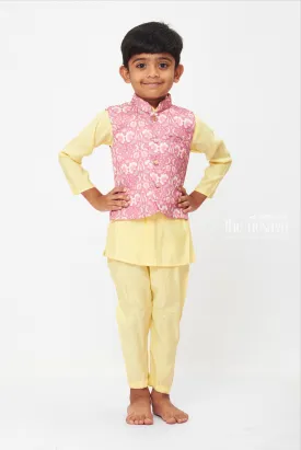 Boys Pastel Yellow and Pink Floral Overcoat Kurta Set with Pant