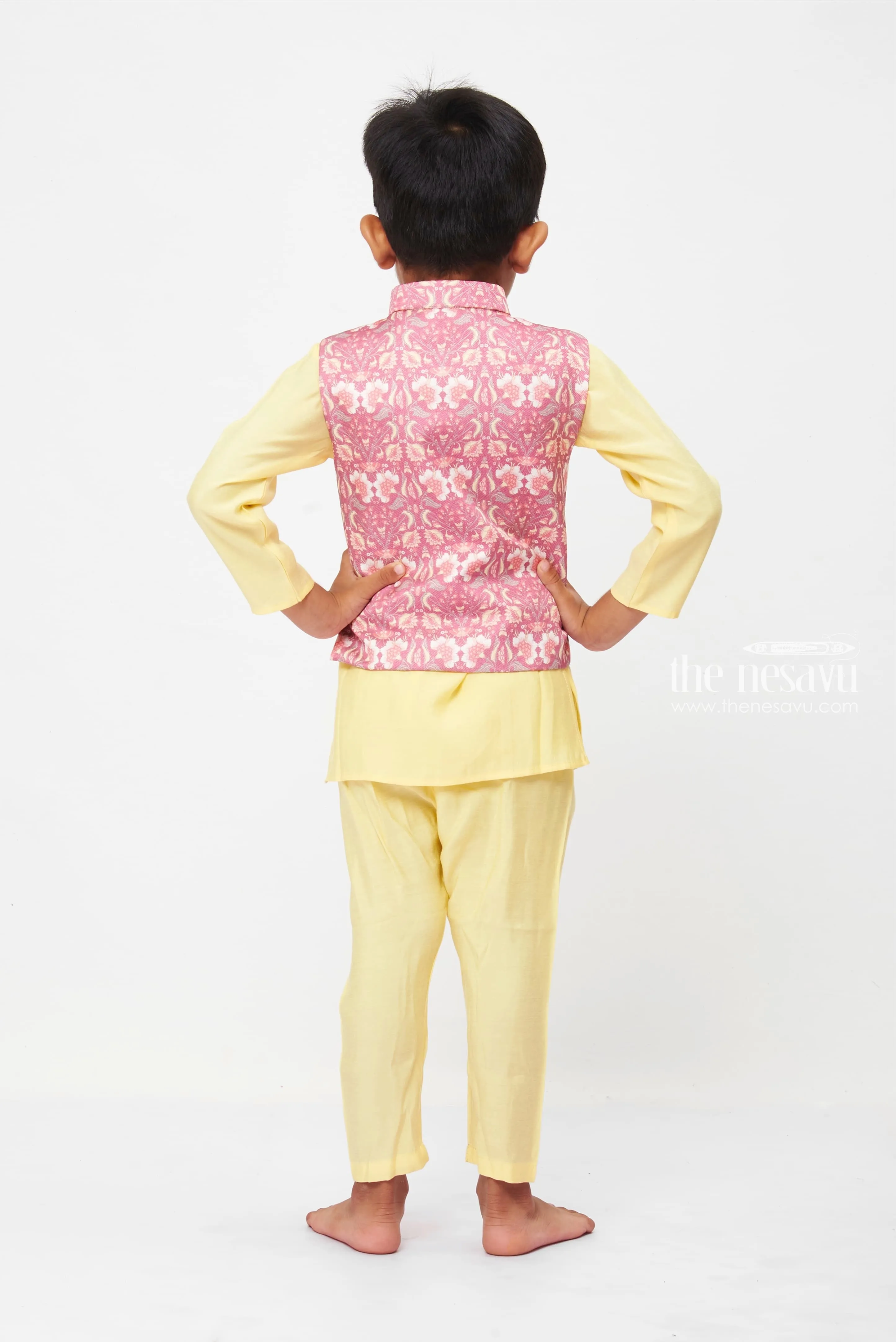 Boys Pastel Yellow and Pink Floral Overcoat Kurta Set with Pant