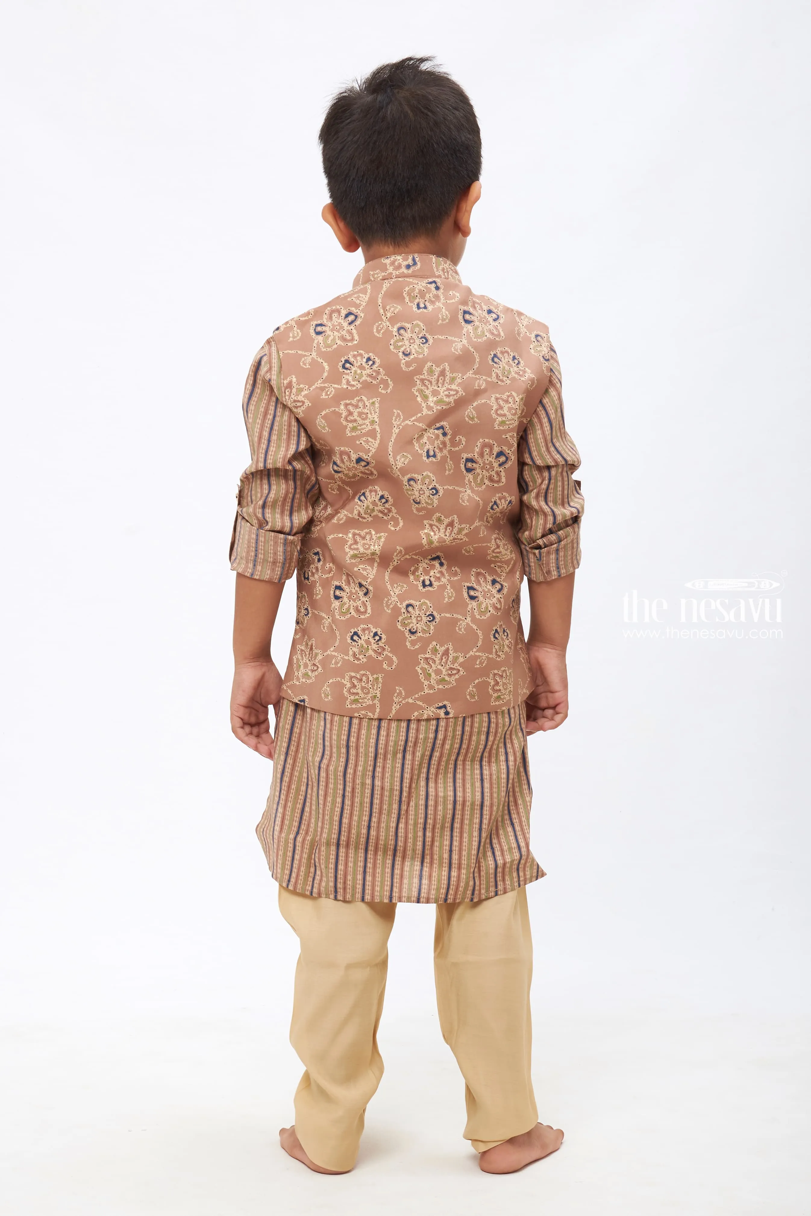 Boys Traditional Brown Kurtha with Floral Overcoat and Striped Jacket Set