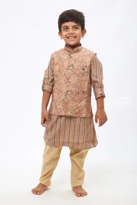 Boys Traditional Brown Kurtha with Floral Overcoat and Striped Jacket Set