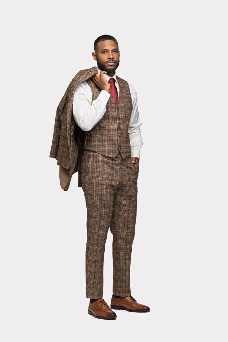 Brown Burgundy Plaid Flannel 3 Piece Suit