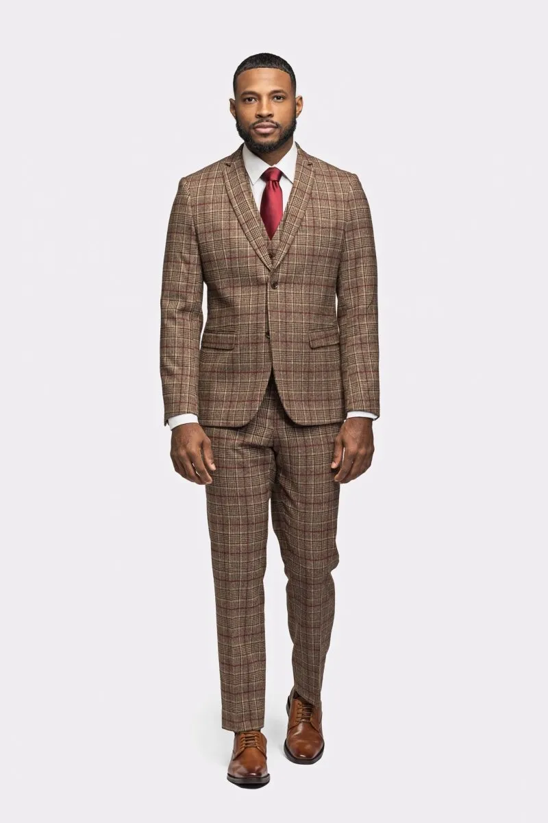 Brown Burgundy Plaid Flannel 3 Piece Suit