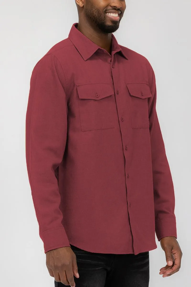 Burgundy Blank Brushed Long Sleeve Flannel Shirt Mens