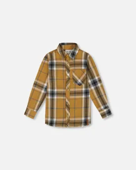 Button Down Flannel Shirt With Pocket Plaid Golden Yellow And Gray