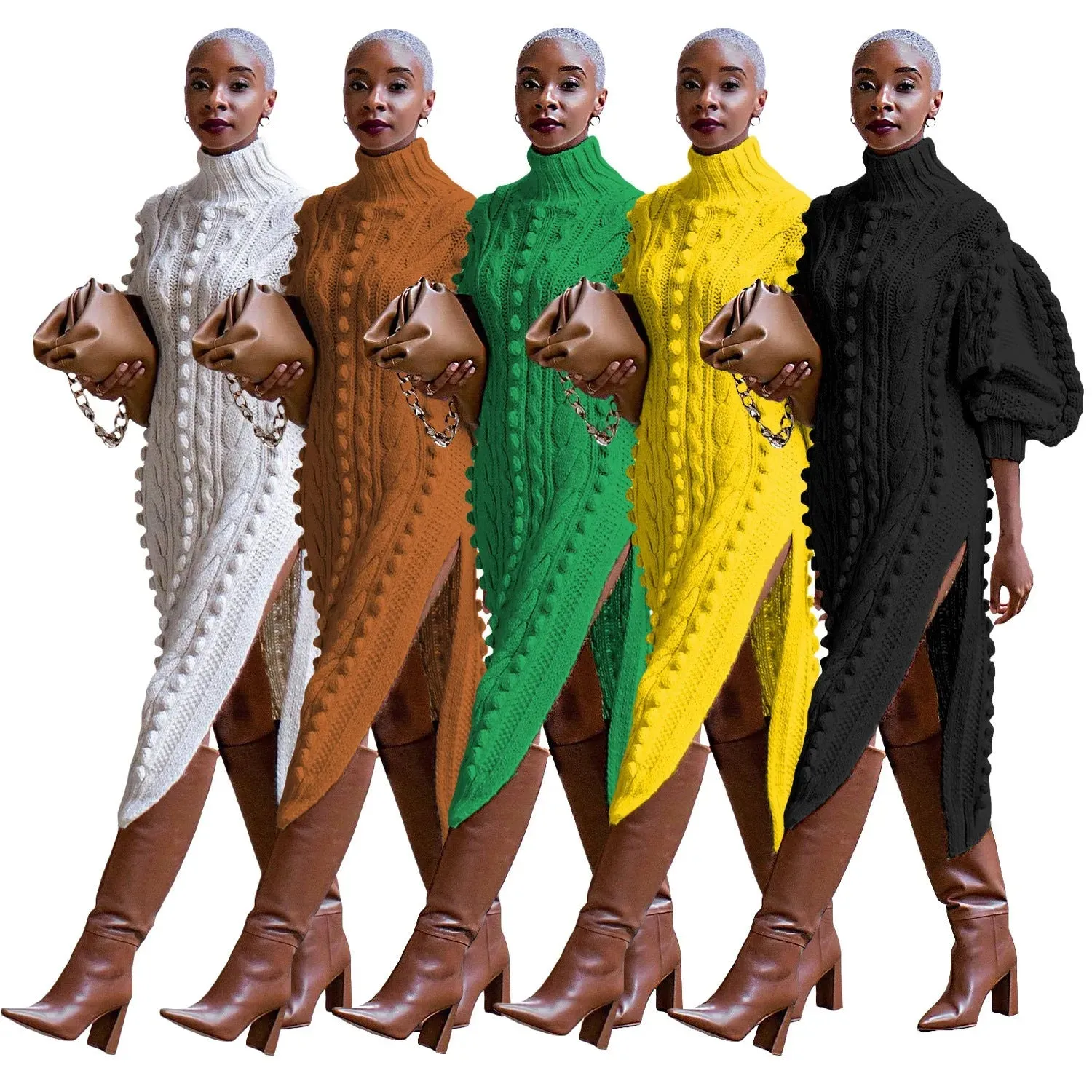 Buy Cashmere Winter Split Turtleneck knitted Midi Thick Sweater Dress