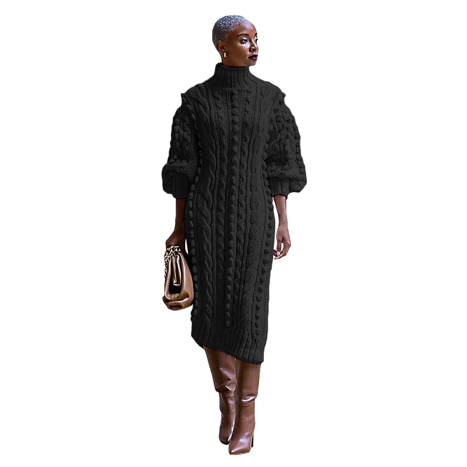 Buy Cashmere Winter Split Turtleneck knitted Midi Thick Sweater Dress