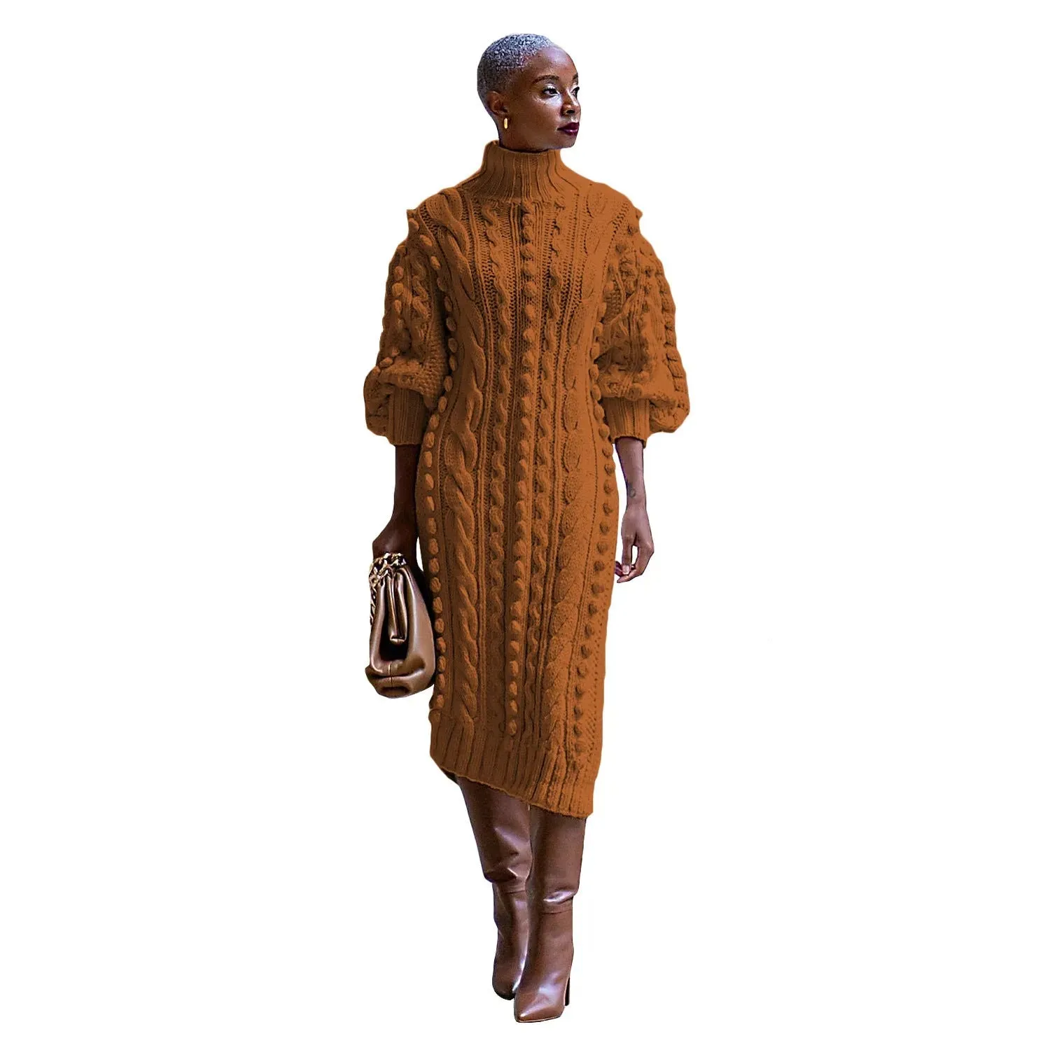 Buy Cashmere Winter Split Turtleneck knitted Midi Thick Sweater Dress