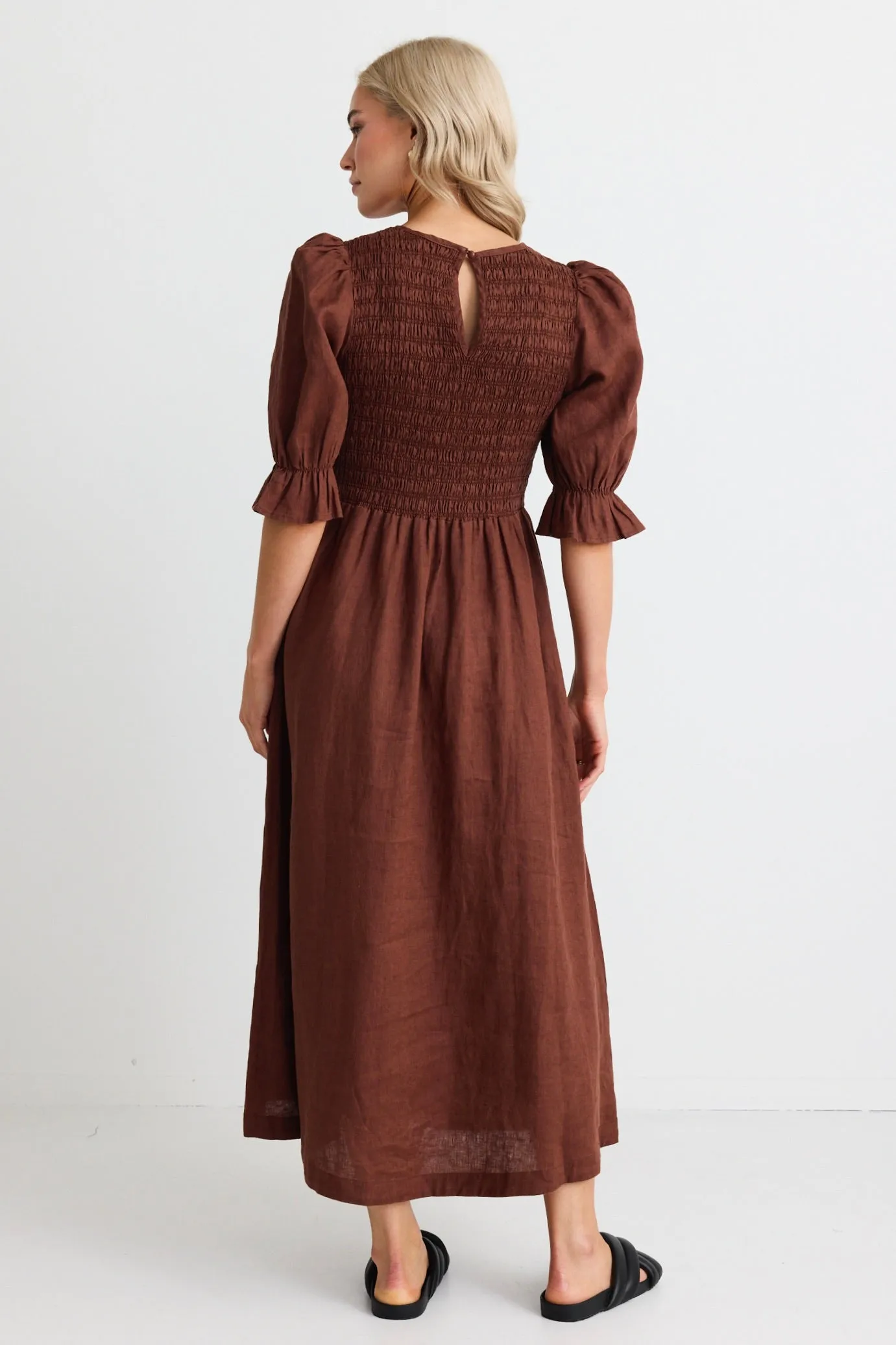 Canary Chocolate Linen Puff Sleeve Shirred Bodice Midi Dress