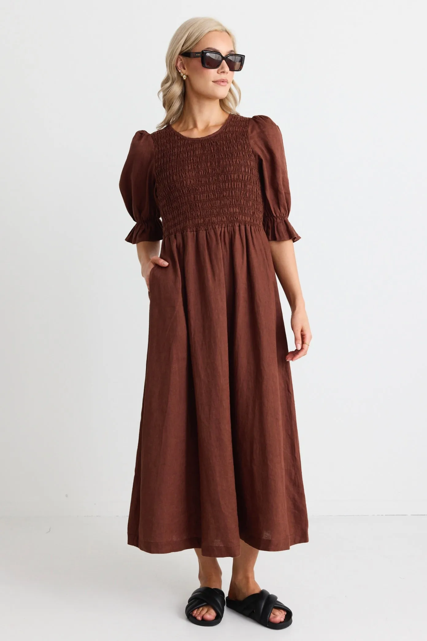 Canary Chocolate Linen Puff Sleeve Shirred Bodice Midi Dress