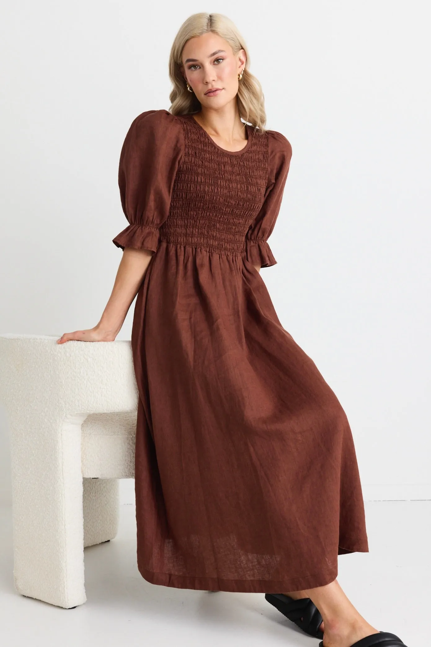 Canary Chocolate Linen Puff Sleeve Shirred Bodice Midi Dress