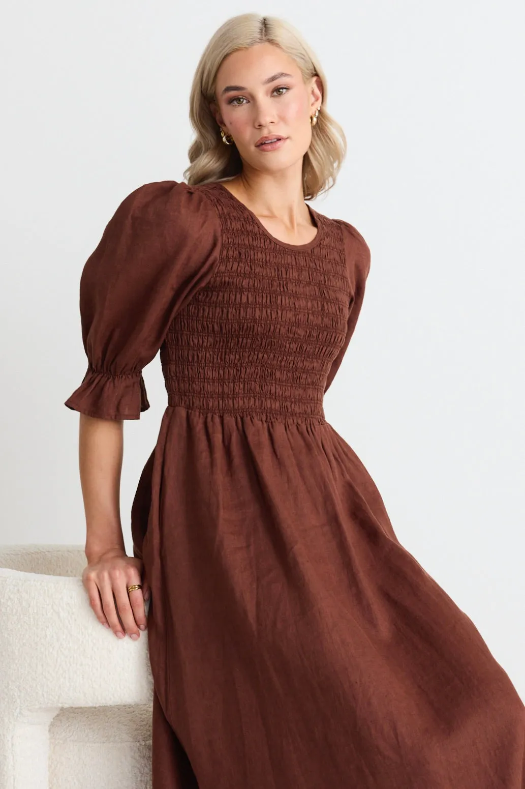 Canary Chocolate Linen Puff Sleeve Shirred Bodice Midi Dress