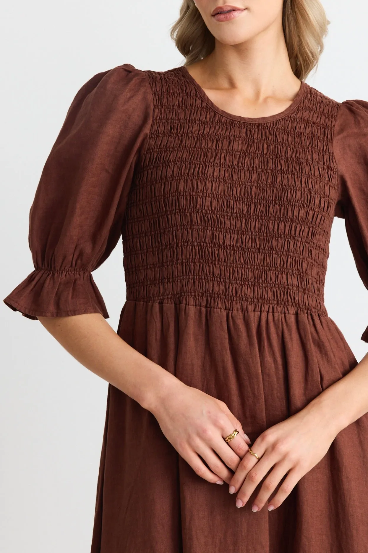 Canary Chocolate Linen Puff Sleeve Shirred Bodice Midi Dress