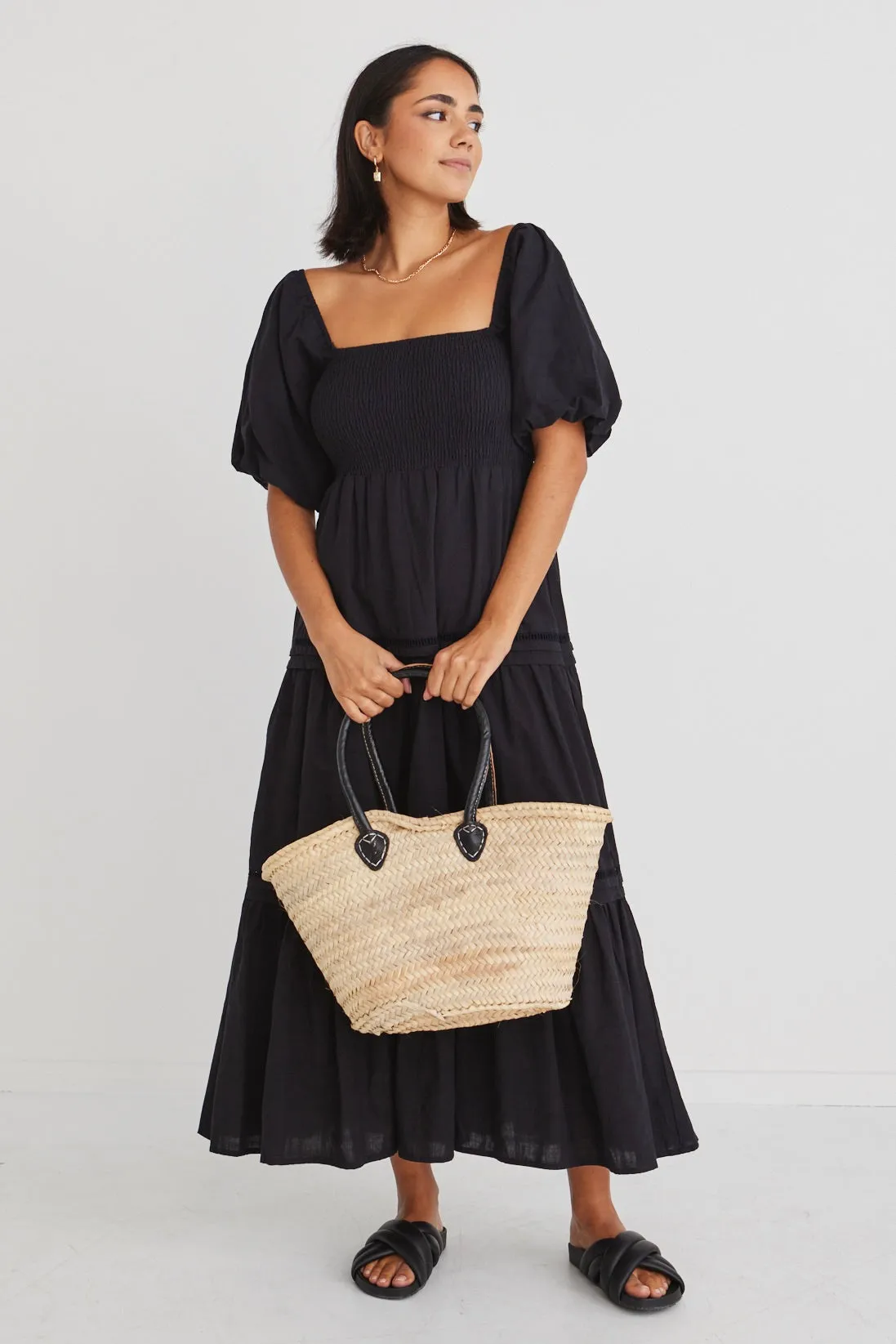 Chic Captivate Midi Dress in Black with Puffed Sleeves and Tiered Cotton Design