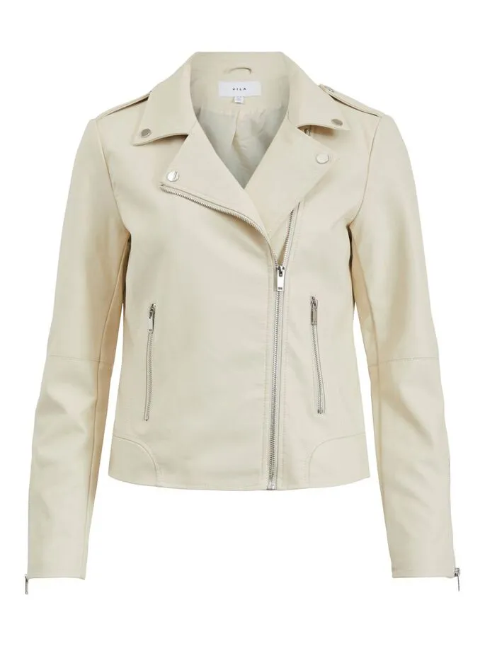 Cara Faux Leather Biker Jacket (Cream)