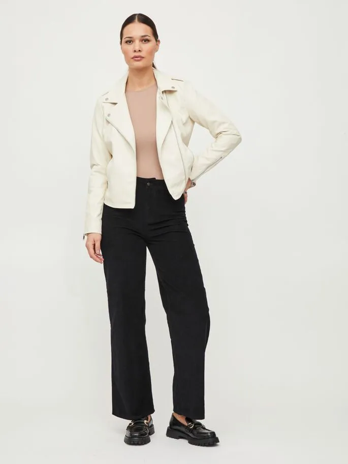 Cara Faux Leather Biker Jacket (Cream)