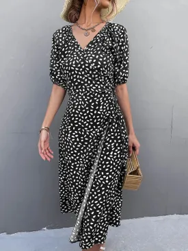 Casual Chiffon Side Wrap Polka Dot Puff A-line Split Midi Dresses