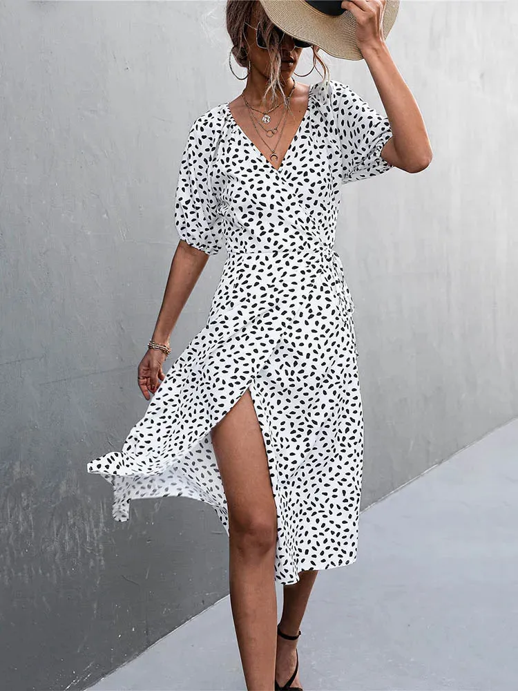 Casual Chiffon Side Wrap Polka Dot Puff A-line Split Midi Dresses