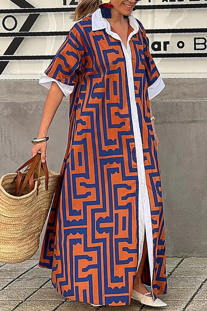 Casual Geometric Printing Turndown Collar Shirt Dress Dresses