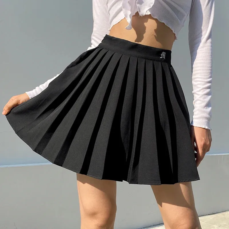 Casual White Letter Embroidery High Waist Woman Skirts Summer Fashion Pleated Skirt Short Girls Mini Skirt