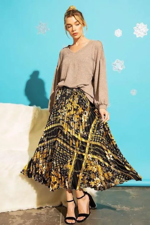 Chain print Pleated Maxi Skirt