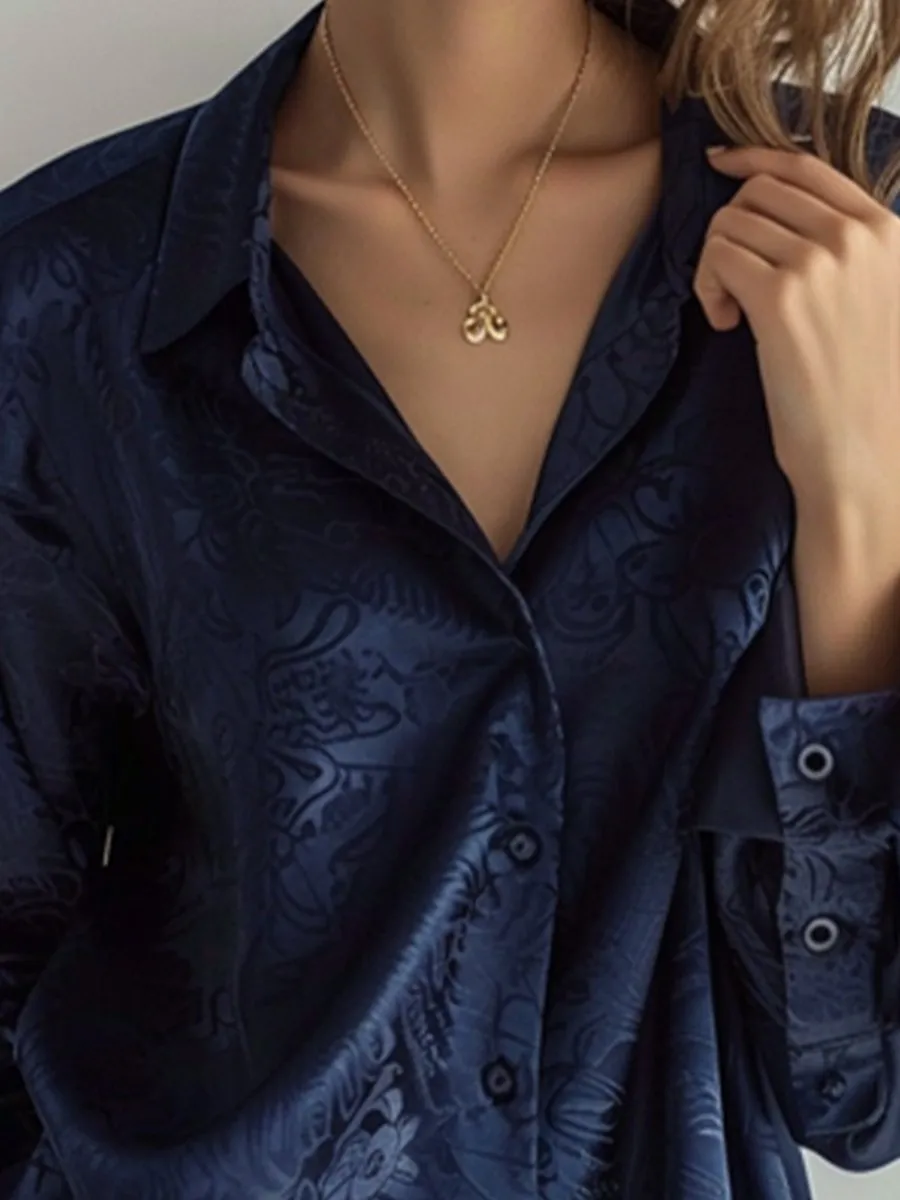 Chic Midnight Blue Embossed Satin Blouse