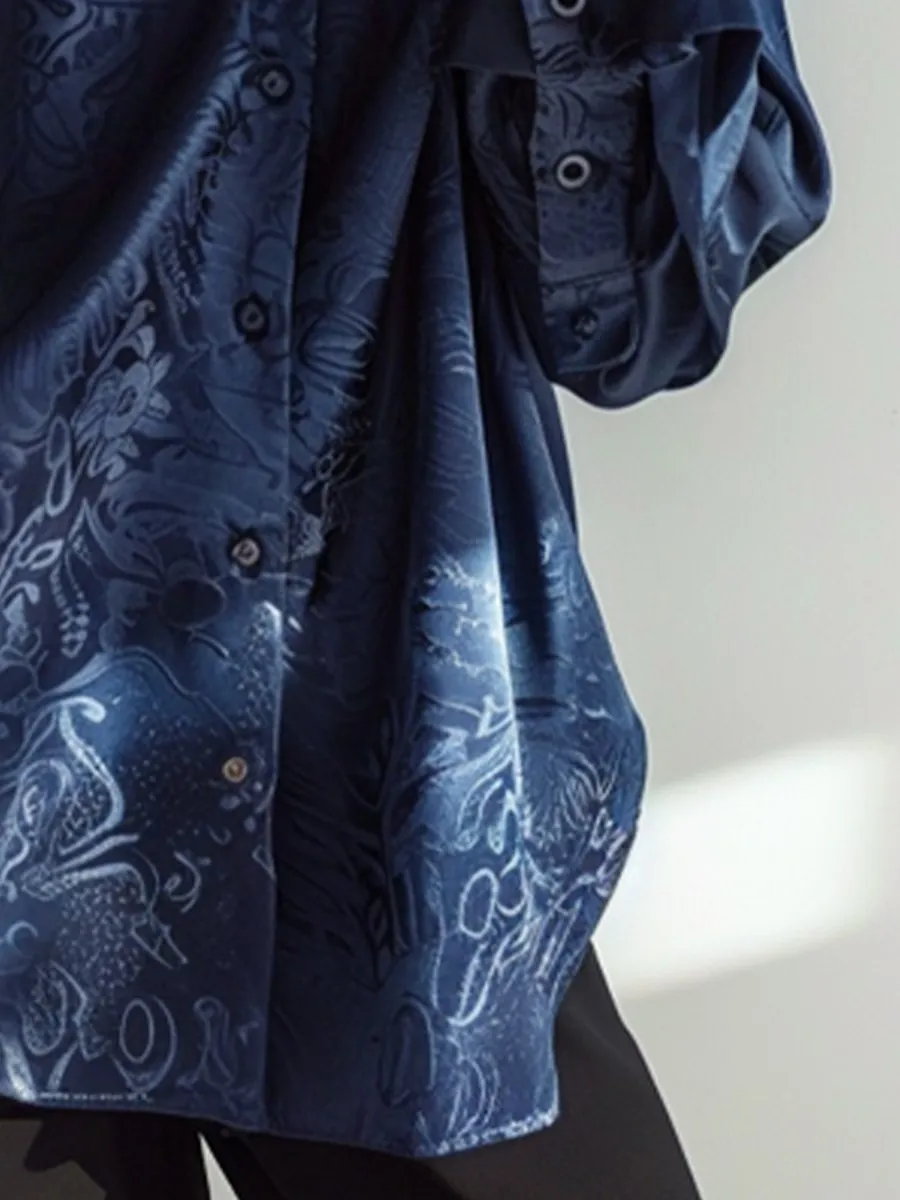 Chic Midnight Blue Embossed Satin Blouse