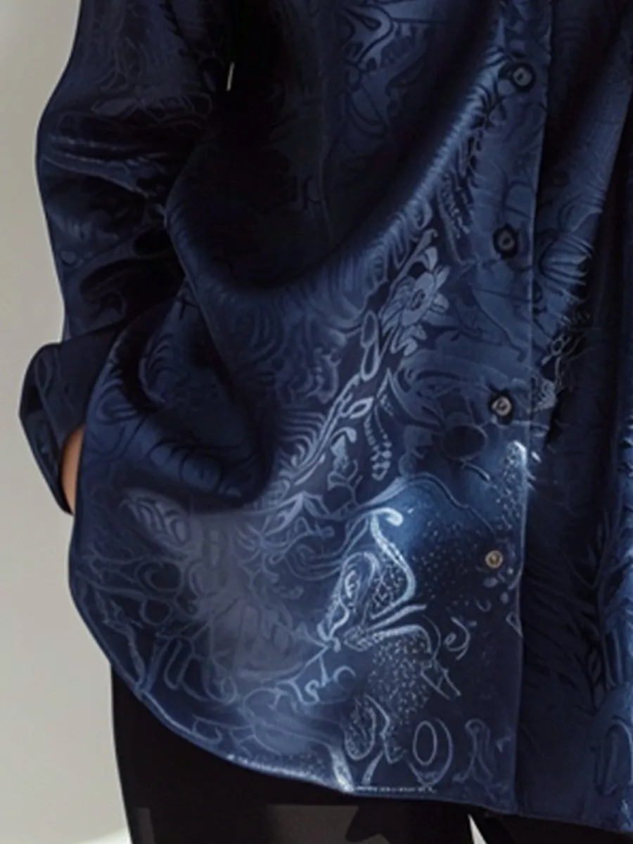 Chic Midnight Blue Embossed Satin Blouse