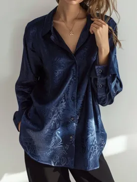 Chic Midnight Blue Embossed Satin Blouse