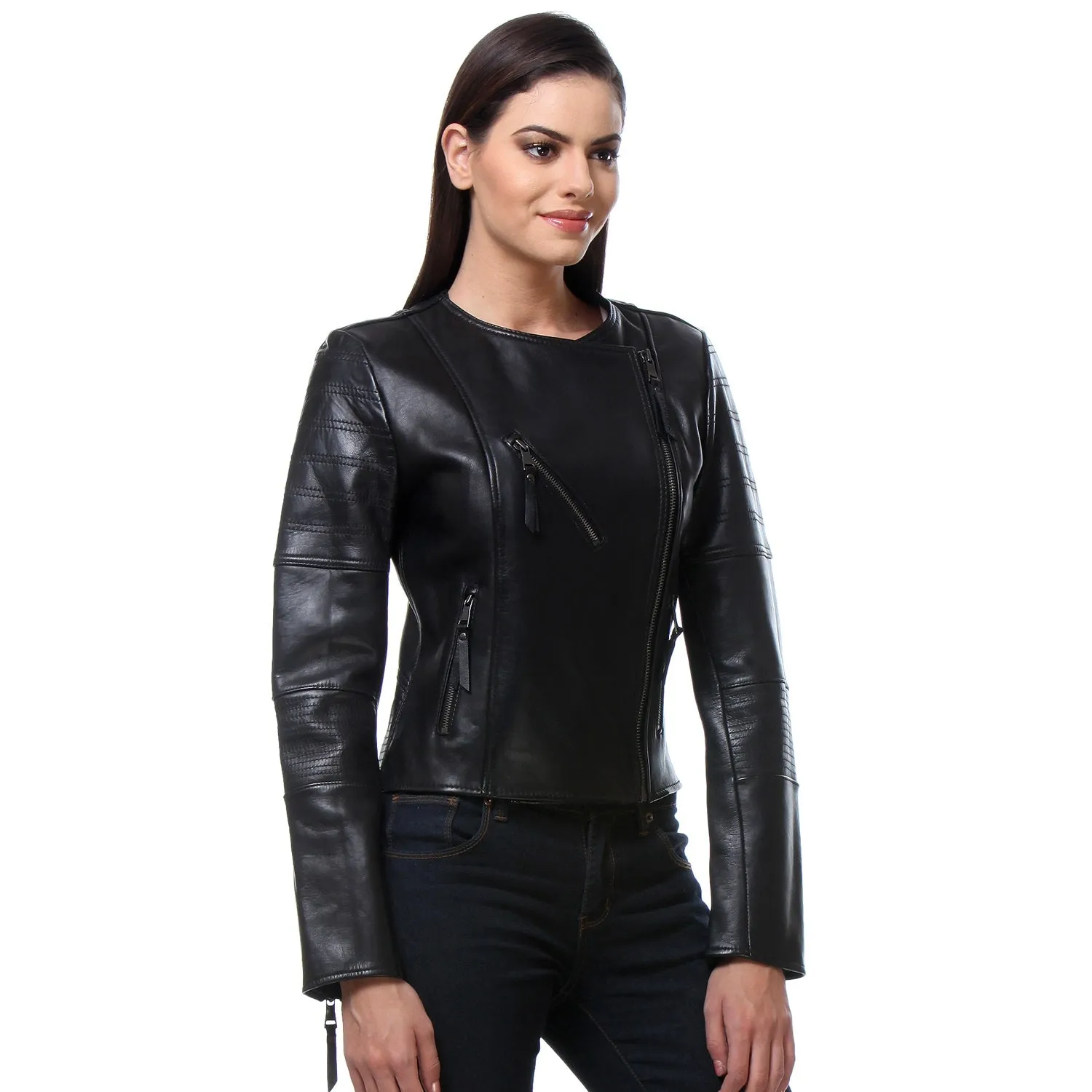 Classic Black Ban Collar Genuine Leather Jacket for Ladies By Brune & Bareskin