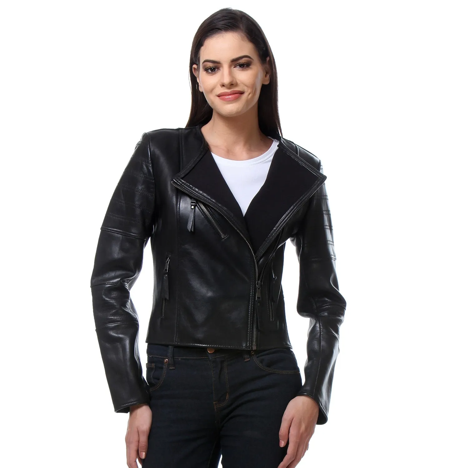 Classic Black Ban Collar Genuine Leather Jacket for Ladies By Brune & Bareskin