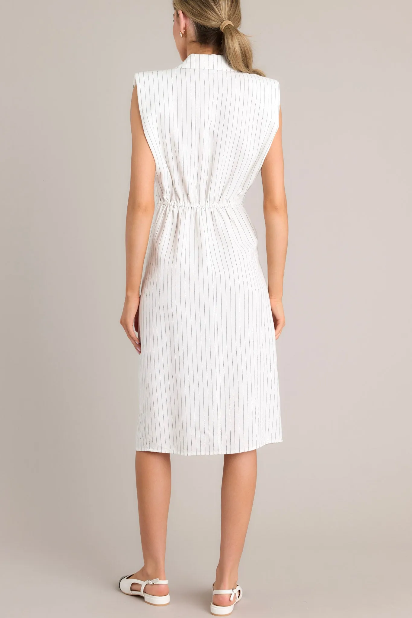 Classic Chic White Button Front Pinstripe Midi Dress