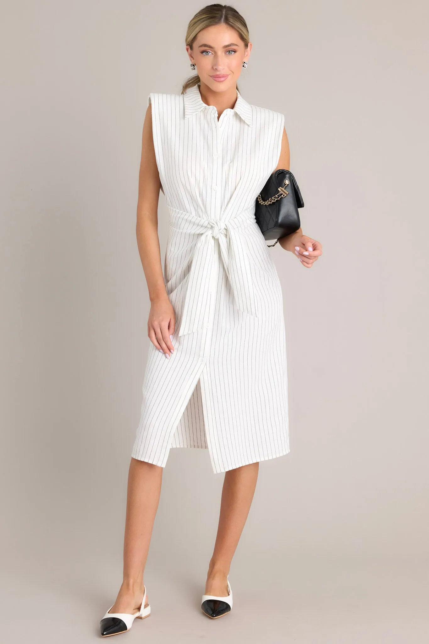 Classic Chic White Button Front Pinstripe Midi Dress