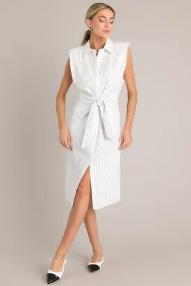 Classic Chic White Button Front Pinstripe Midi Dress