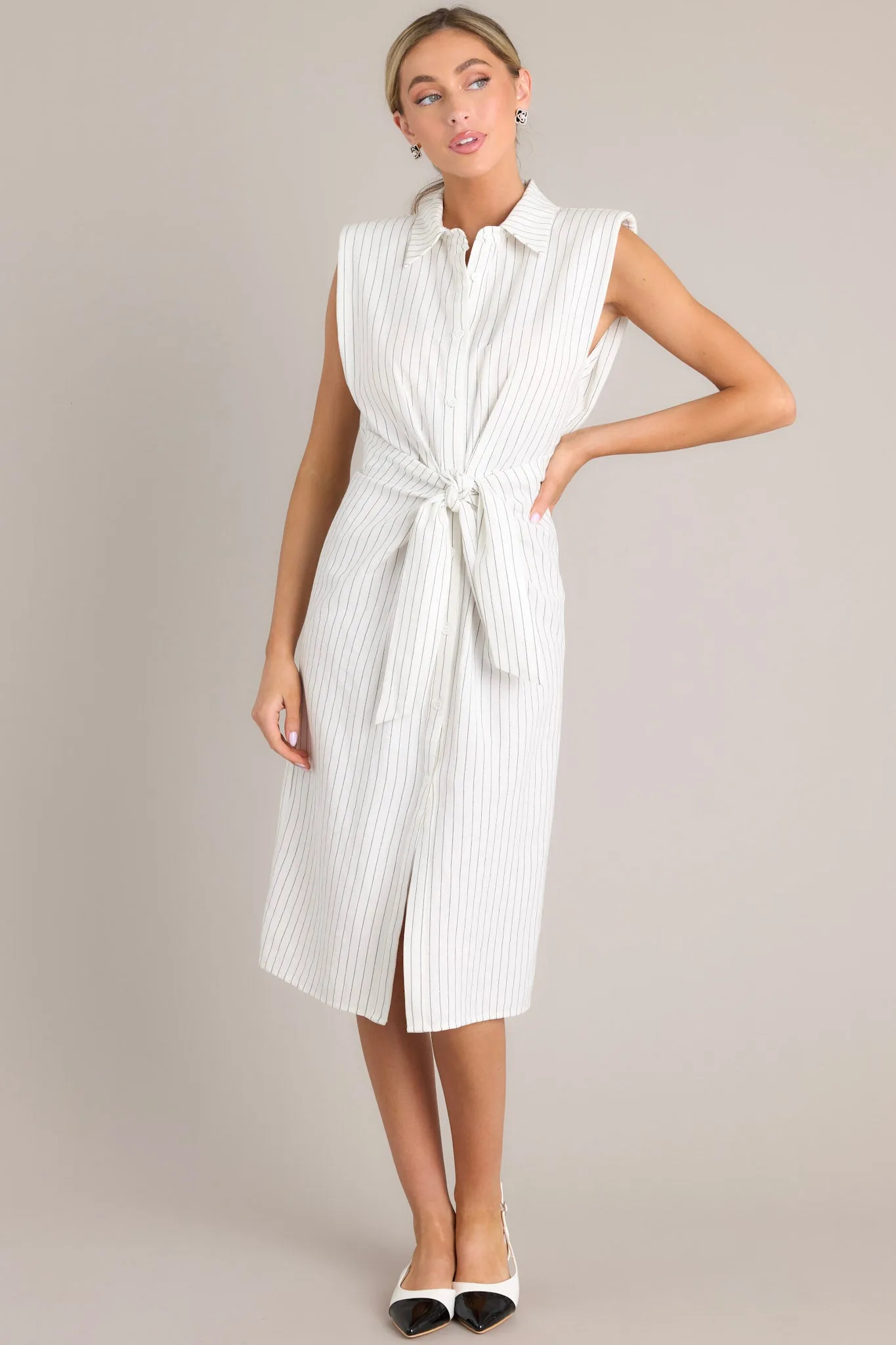 Classic Chic White Button Front Pinstripe Midi Dress