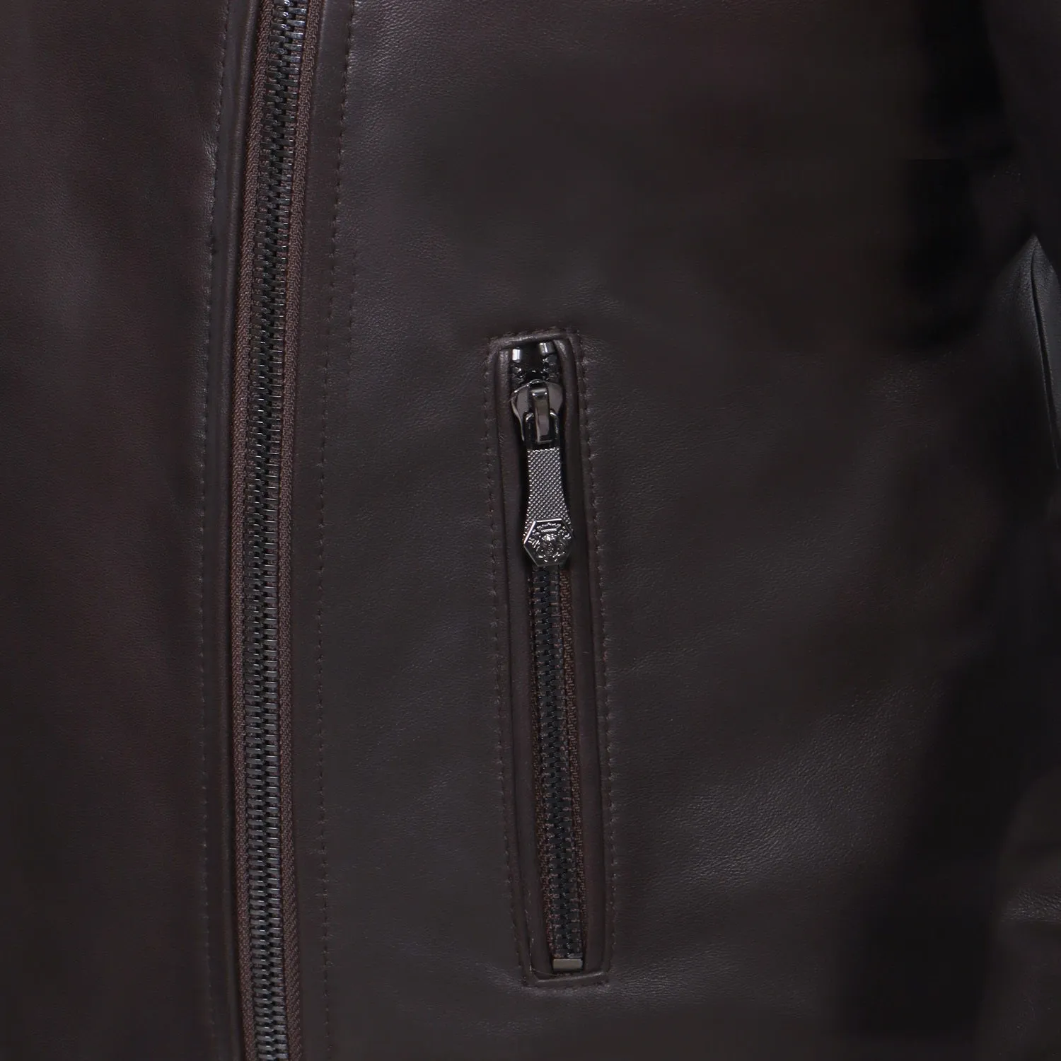 Classic Dark Brown Leather Jacket with Gunmetal Accessory