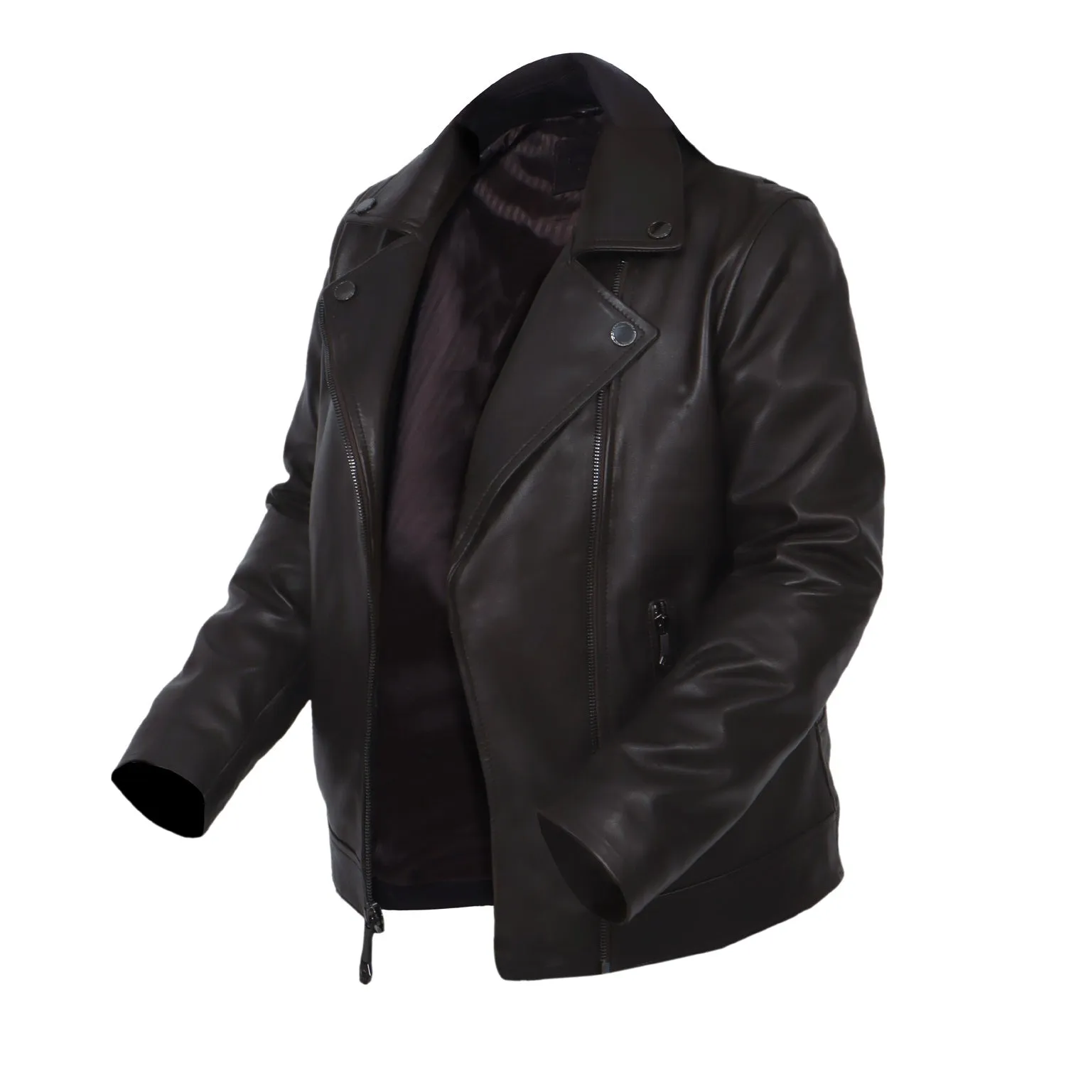 Classic Dark Brown Leather Jacket with Gunmetal Accessory