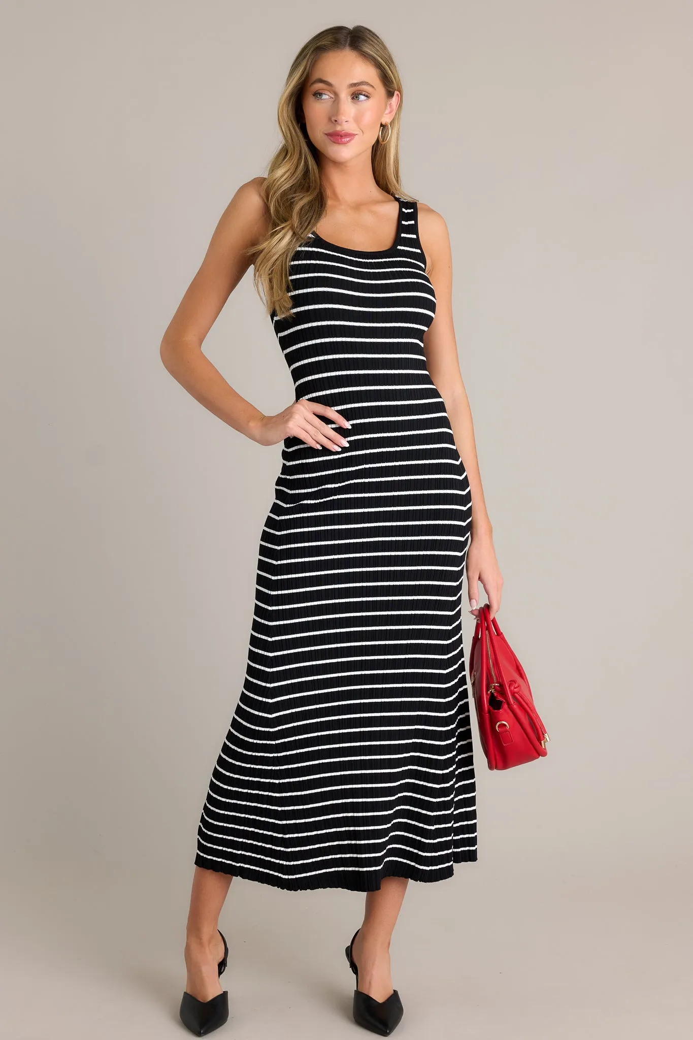 Classic Rhythm Black Stripe Ribbed Midi Dress