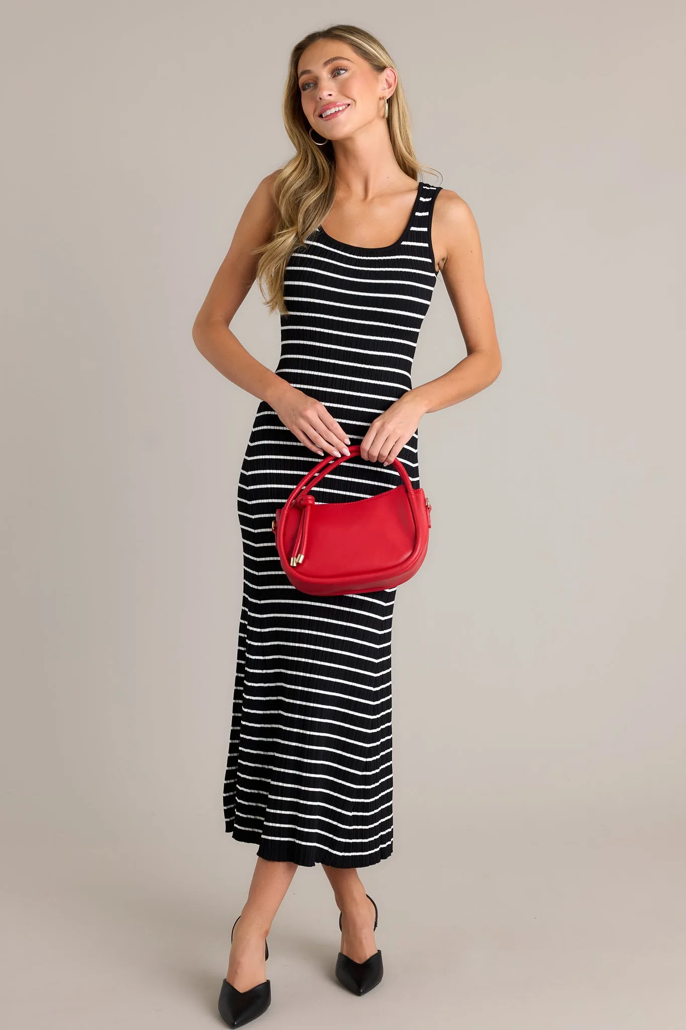 Classic Rhythm Black Stripe Ribbed Midi Dress