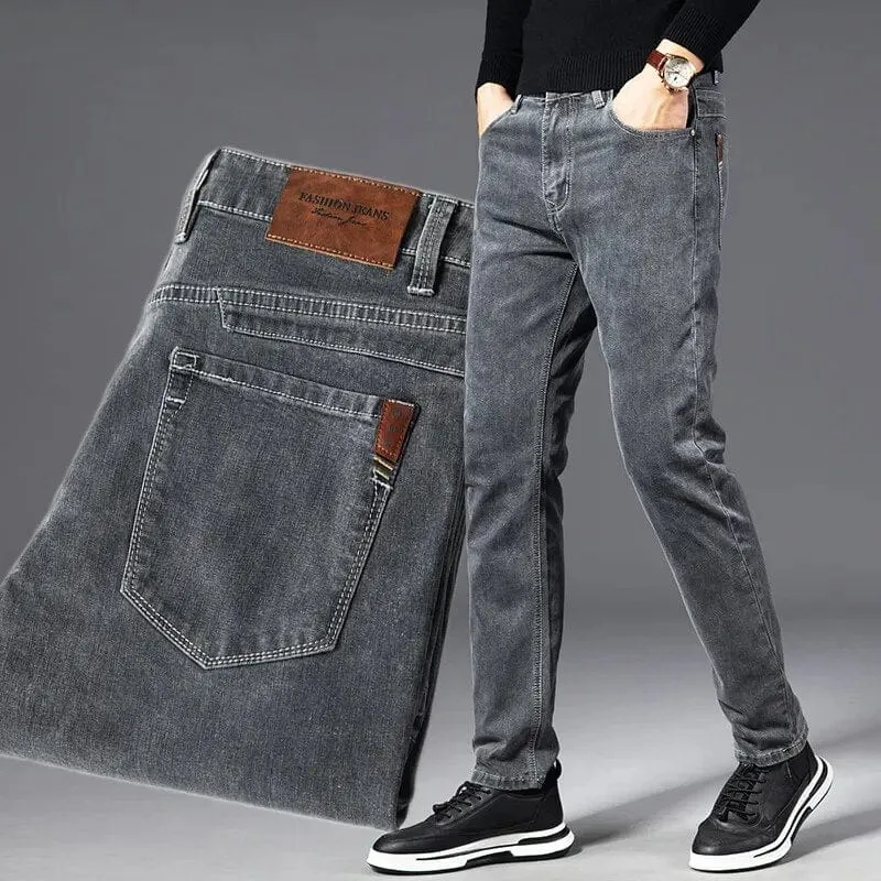 Classic Vintage Denim: Men's Straight Stretch Regular Jeans in Blue, Black, or Grey