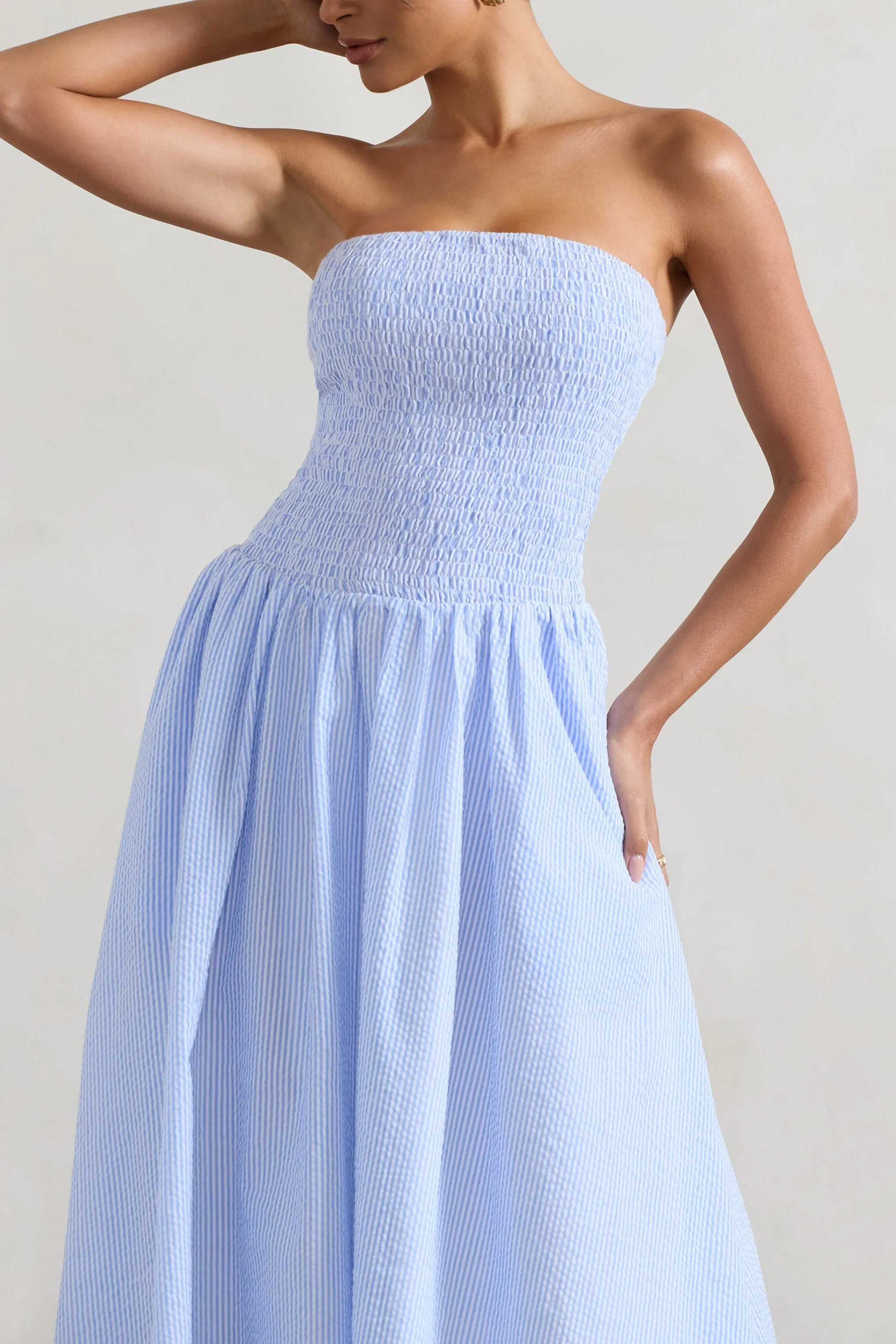 Coastal | Blue Pinstripe Bandeau Ruched Skater Midi Dress