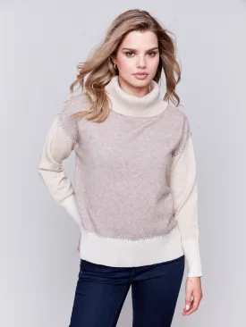 Color Block Turtleneck Sweater - Beige