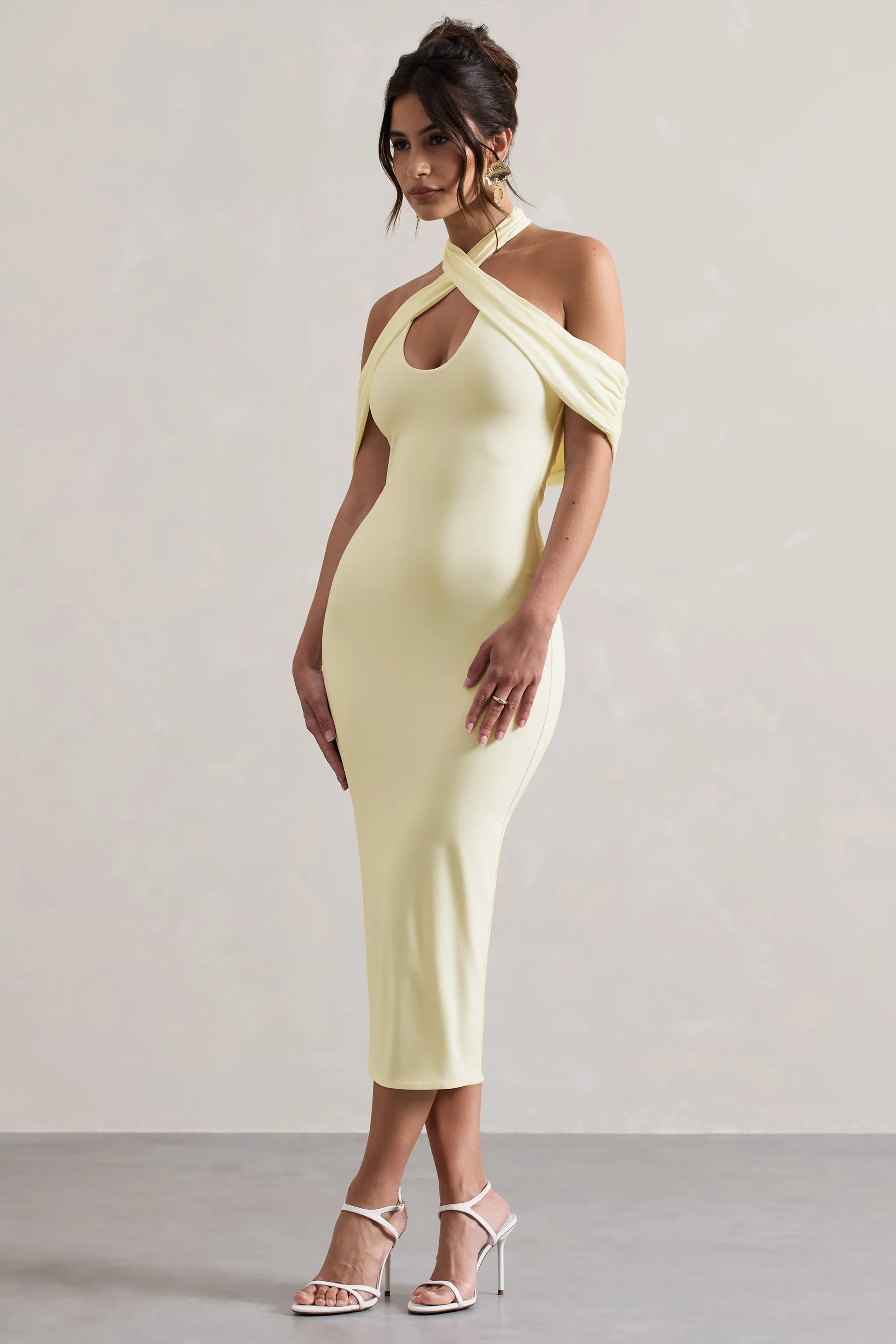 Connect | Cream Bodycon Halter-Neck Midi Dress With Cut-Out