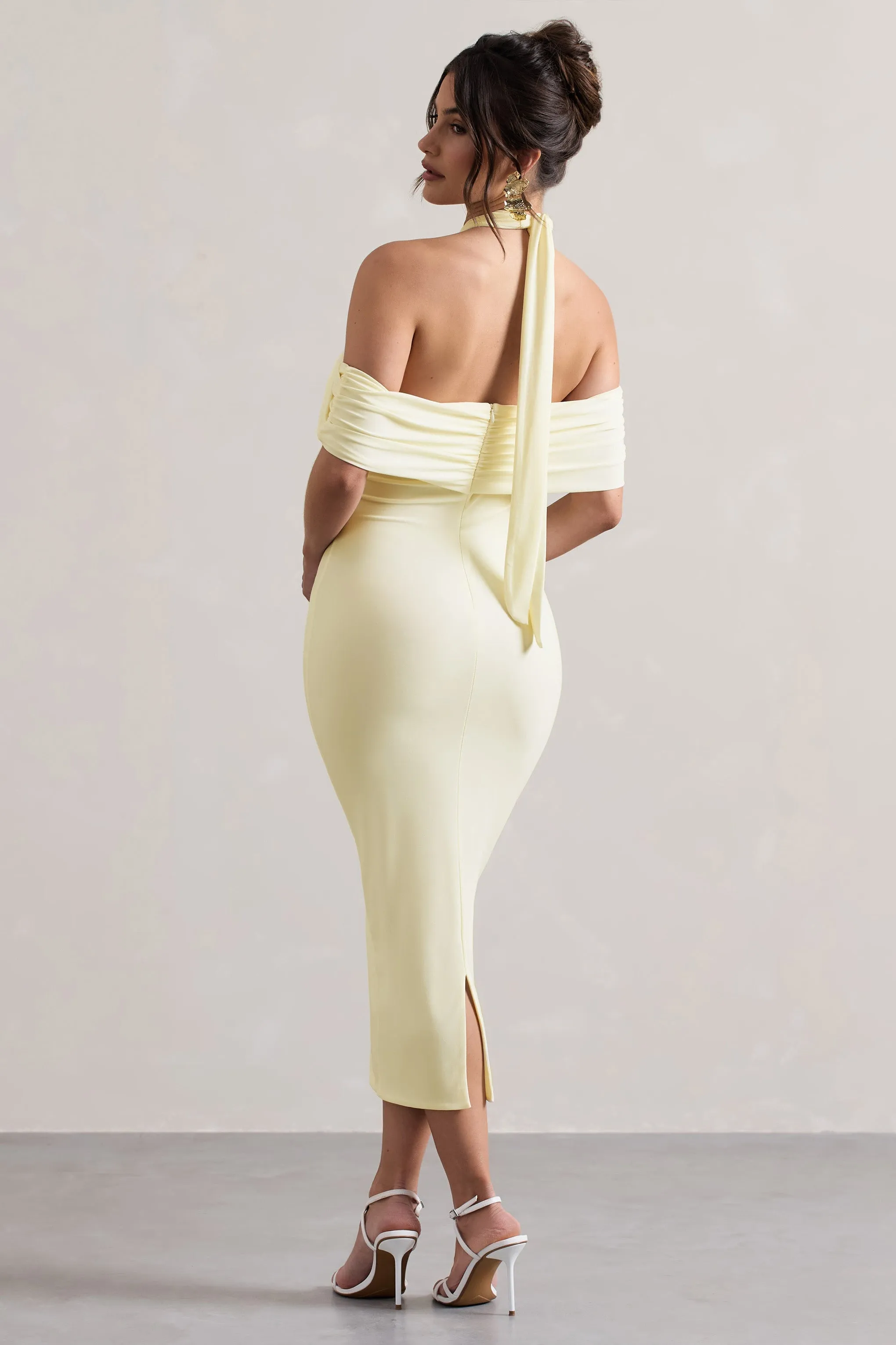 Connect | Cream Bodycon Halter-Neck Midi Dress With Cut-Out