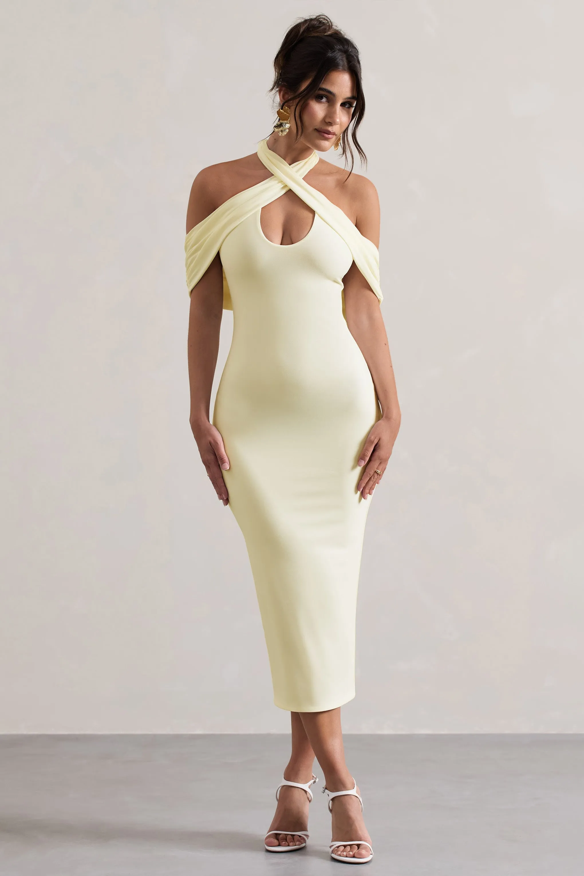 Connect | Cream Bodycon Halter-Neck Midi Dress With Cut-Out