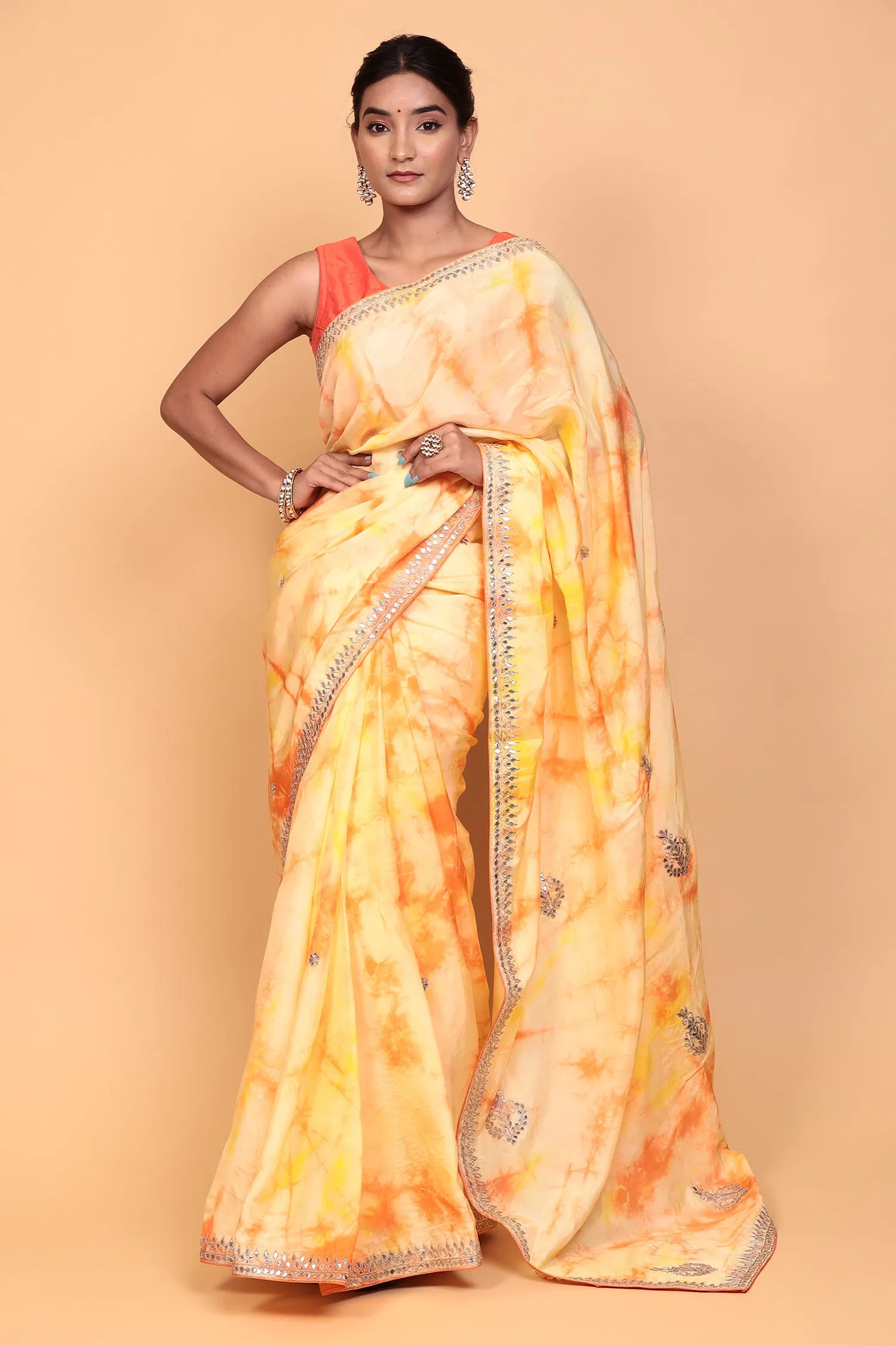 Crepe silk Saree with Gota Patti, Tie & Dye work.