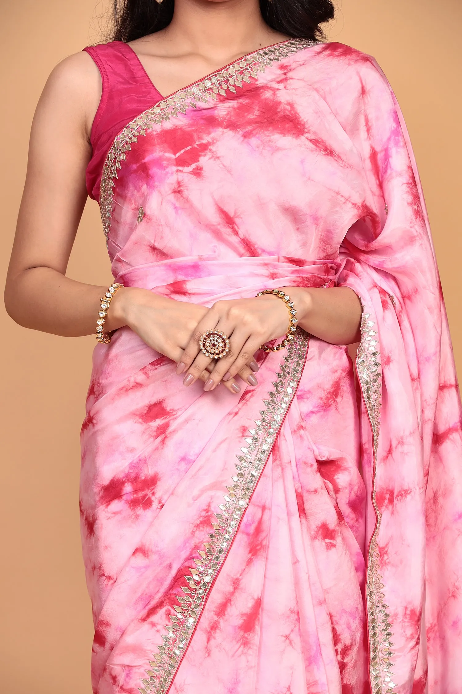 Crepe silk Saree with Gota Patti, Tie & Dye work.